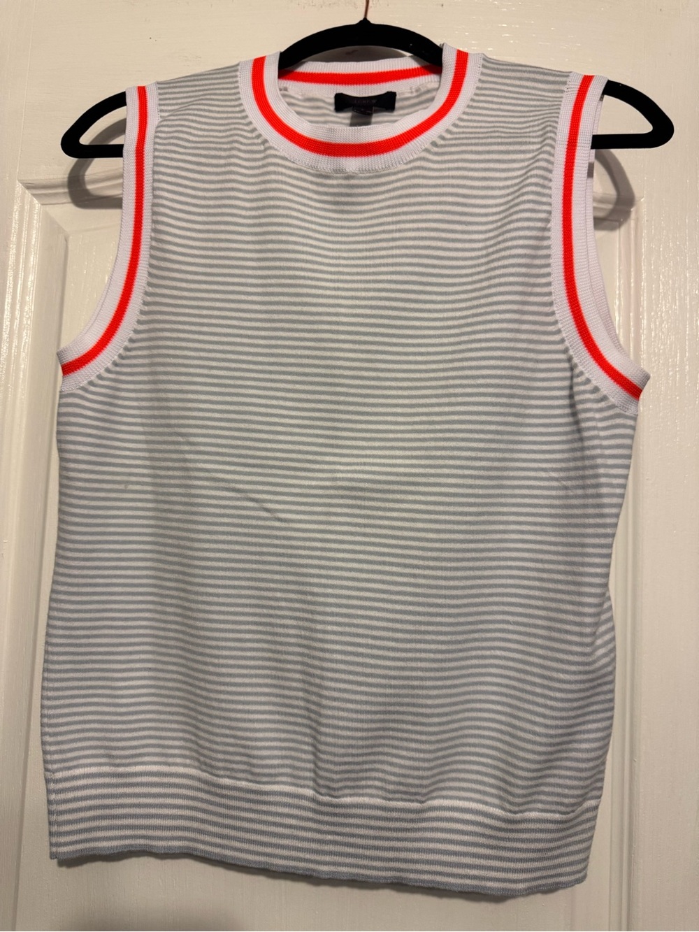 JCREW Sleeveless White & Light Blue Striped Knit Top with Neon Trim